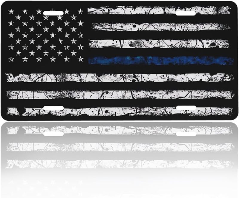 GACCAP Front License Plate Cover Car Decor Accessory Aluminum Metal Rust-Proof US Car Plate Novelty Vanity Tag Cover with 4 Holes for Men Women 6 * 12 in - Vintage Blue Line American Flag - Image 1